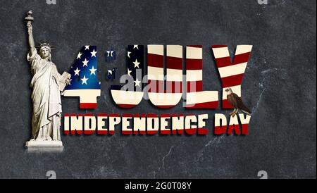 3D illustration - text in the form of a waving US flag - 4 th of july Independence Day - against a background of vintage, grungy marble with the Statu Stock Photo