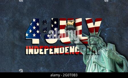 3D illustration - text in the form of a waving US flag - 4 th of july Independence Day - against a background of vintage, grungy, marble with the Stat Stock Photo
