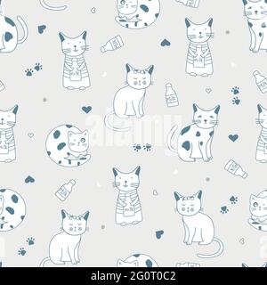 Seamless vector pattern with funny cute cats, pastel colors, light background Stock Vector