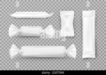 White polyethylene package for caramel candies, chocolate bars, food snacks and pouch sweets production. Candy wrappers set mockup isolated on transparent background. Production design elements. Stock Vector