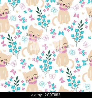 Cute seamless vector background with funny cats and flowers in cartoon style Stock Vector