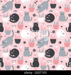 Cute seamless vector background with funny cats and flowers in cartoon style, with flower pots Stock Vector