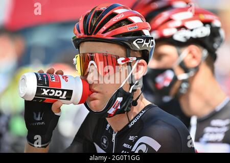 Belgian Tim Wellens of Lotto Soudal at the start of the fifth stage of the 73rd edition of the Criterium du Dauphine cycling race, 174,5km from Saint Stock Photo