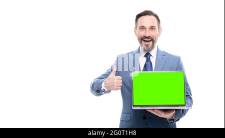 happy businessman presenting laptop for copy space copy space show thumb up, product proposal. Stock Photo