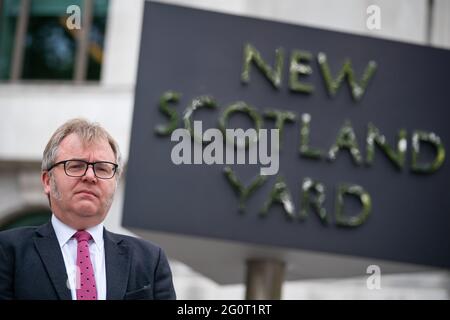 Detective Inspector James Stevenson outside New Scotland Yard, London, where Lillian Serunkuma, whose two-year-old grandson was shot in the head in Brent, north-west London, on June 3 2020, with the bullet missing a crucial artery by one millimetre, spoke to the media. Picture date: Thursday June 3, 2021. Stock Photo
