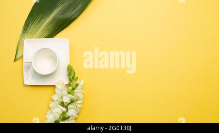 Empty coffee cup with flower on yellow background. flat lay, top view, copy space Stock Photo