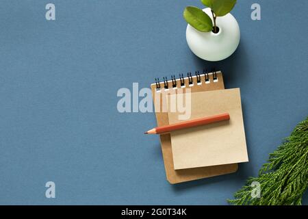 Notebook and colored pencil and vase of plant on desk. navy blue background. flat lay, top view, copy space Stock Photo