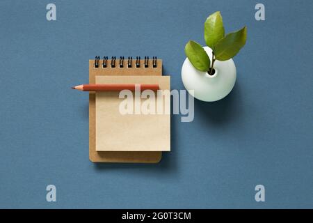 Notebook and colored pencil and vase of plant on desk. navy blue background. flat lay, top view, copy space Stock Photo