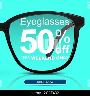 Eyeglasses shopping concept. Half price. Sale Banner. Big sale 50 off. Stock Vector