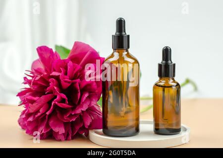 Two glass bottles with natural essential oils on a white podium with a peony flower. Cosmetic product on white geometric podium. Natural organic self Stock Photo