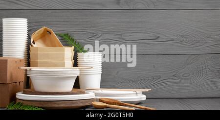 Various Eco friendly tableware made from natural, recyclable materials. Environmental protection and waste reduction concept. Stock Photo