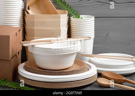 Various Eco friendly tableware made from natural, recyclable materials. Environmental protection and waste reduction concept. Stock Photo