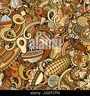 Mexican Food hand drawn doodles seamless pattern. Ethnic Cuisine background. Cartoon ethnicity fabric print design. Colorful vector illustration Stock Vector
