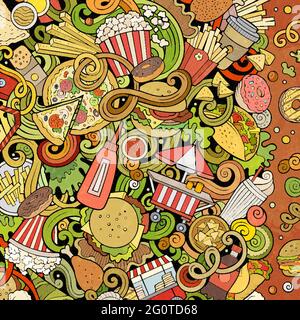 Fastfood hand drawn vector doodles illustration. Fast food frame card design. Unhealthy elements and objects cartoon background. Bright colors funny b Stock Vector