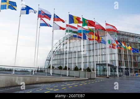 Flags in front of the European Investment Bank at Kirchberg - Luxembourg City, Luxembourg Stock Photo