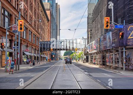 The Toronto Eaton Centre (TEC) pedestrian bridge in Queen Street West in the downtown district of Toronto city, Canada Stock Photo