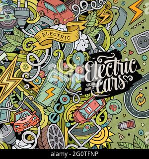 Cartoon cute doodles Electric vehicle frame card. Colorful detailed, with lots of objects background. All objects separate. Border with eco cars symbo Stock Vector