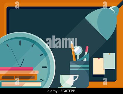 Banner template with board, table lamp and clock. School concept art. Stock Vector