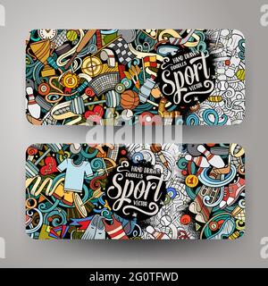 Sports hand drawn doodle banners set. Cartoon detailed flyers. Activities identity with objects and symbols. Athletic background illustrations. Stock Vector