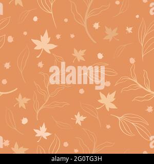 Autumn pattern with leaves, vector. Repeating background with falling leaves and branches. Silhouettes of plants on an orange substrate. Stock Vector