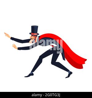 Magician or Professional showman in a red cloak and hat. Showman spreading hands, show begins. Cartoon character Vector illustration on a white Stock Vector