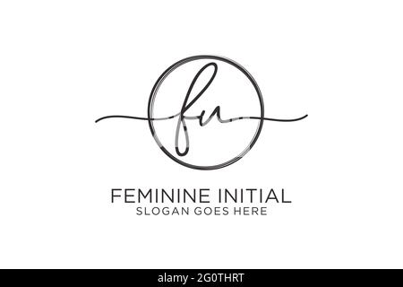FU handwriting logo with circle template vector logo of initial signature, wedding, fashion, floral and botanical with creative template. Stock Vector