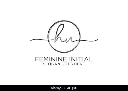 HU handwriting logo with circle template vector logo of initial signature, wedding, fashion, floral and botanical with creative template. Stock Vector