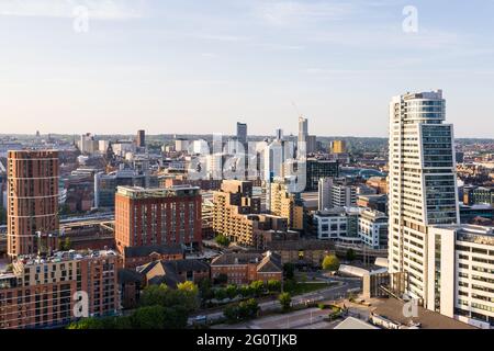 LEEDS, UK - JUNE 2, 2021.  Aerial view of Leeds city skyline at sunset with Bridgewater Place prominent Stock Photo