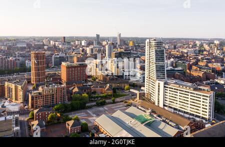 LEEDS, UK - JUNE 2, 2021.  Aerial view of Leeds city skyline at sunset with Bridgewater Place prominent Stock Photo