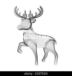 Reindeer silhouette consisting of black dots and particles. 3D vector wireframe of horned deer with a grain texture. Abstract geometric icon with dott Stock Vector