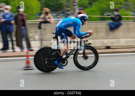 Davide Villella (Team Movistar) in action during an individual time trial.The Giro d'Italia took place from 8th to 30th May 2021. The first stage on May 8th was a time trial of 8 kilometers in the streets of Turin. The winner of this first stage is the Italian Filippo Ganna (Team Ineos Grenadiers). The winner of the final general classification is the Colombian Egan Bernal (Team Ineos Grenadier). Stock Photo