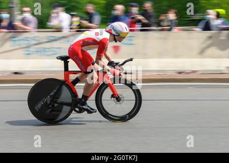 Victor Lafay (Team Cofidis) in action during an individual time trial.The Giro d'Italia took place from 8th to 30th May 2021. The first stage on May 8th was a time trial of 8 kilometers in the streets of Turin. The winner of this first stage is the Italian Filippo Ganna (Team Ineos Grenadiers). The winner of the final general classification is the Colombian Egan Bernal (Team Ineos Grenadier). Stock Photo