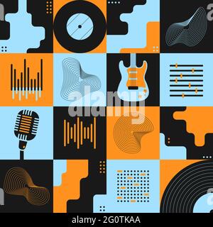 Abstract art composition with various geometric shapes, objects and musical instruments. Poster design. Music concept Stock Vector