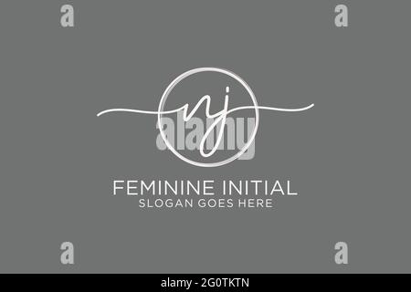 NJ handwriting logo with circle template vector logo of initial signature, wedding, fashion, floral and botanical with creative template. Stock Vector