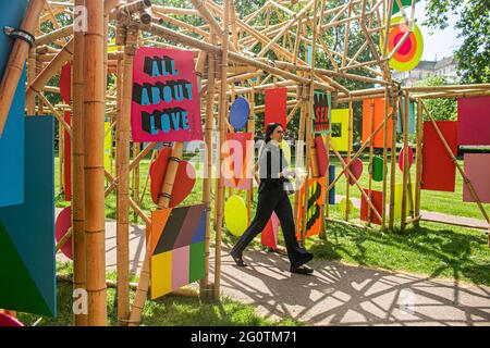 MAYFAIR LONDON 3 June 2021 . See through by Morag Myerscough supported by Grosvenor Britain and Ireland - Public art sculptures by contemporary artists as part of the Mayfair Art Weekend in June. Credit amer ghazzal/Alamy Live News Stock Photo