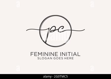 PC handwriting logo with circle template vector logo of initial signature, wedding, fashion, floral and botanical with creative template. Stock Vector
