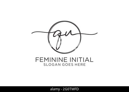 QU handwriting logo with circle template vector logo of initial signature, wedding, fashion, floral and botanical with creative template. Stock Vector