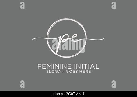 PE handwriting logo with circle template vector logo of initial signature, wedding, fashion, floral and botanical with creative template. Stock Vector