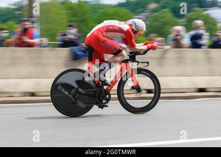 Turin, Italy. 08th May, 2021. Simone Consonni (Team Cofidis) in action during an individual time trial.The Giro d'Italia took place from 8th to 30th May 2021. The first stage on May 8th was a time trial of 8 kilometers in the streets of Turin. The winner of this first stage is the Italian Filippo Ganna (Team Ineos Grenadiers). The winner of the final general classification is the Colombian Egan Bernal (Team Ineos Grenadier). (Photo by Laurent Coust/SOPA Images/Sipa USA) Credit: Sipa USA/Alamy Live News Stock Photo