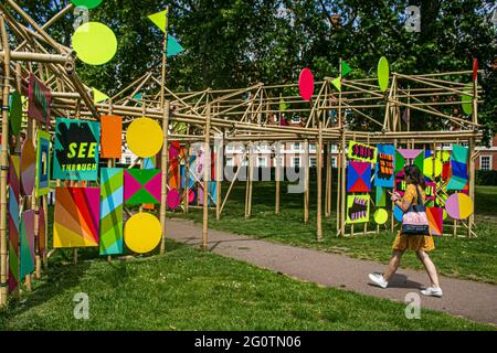 MAYFAIR LONDON 3 June 2021 . See through by Morag Myerscough in Grosvenor Square as part of the Mayfair Art Weekend's Sculpture Trail in  June presented by OPERA Gallery New Bond Street. Credit amer ghazzal/Alamy Live News Stock Photo