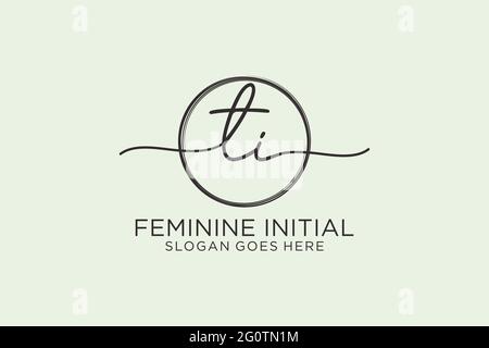 TI handwriting logo with circle template vector logo of initial signature, wedding, fashion, floral and botanical with creative template. Stock Vector