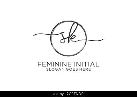SK handwriting logo with circle template vector logo of initial signature, wedding, fashion, floral and botanical with creative template. Stock Vector
