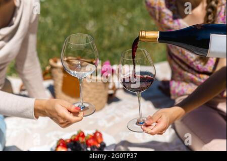 Unrecognizable women sitting on a blanket having picnic. Female pouring red wine into a glass. Fruits on background. Stock Photo