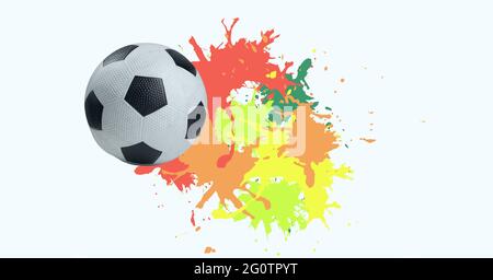 Composition of football with colourful splashes isolated on white background Stock Photo