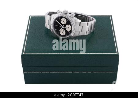Closeup shot of a modern wristwatch and on a white background Stock Photo