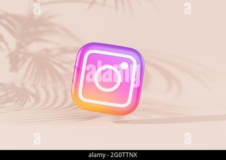 Melitopol, Ukraine - May 26 2021:  Instagram logo icon, photography social media app, beige background with tropical leaves shadows, 3d render Stock Photo