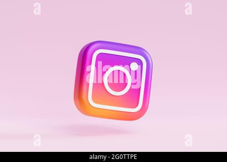 Melitopol, Ukraine - May 27 2021: Instagram logo icon, photography social media app, pink beige background, 3d render Stock Photo