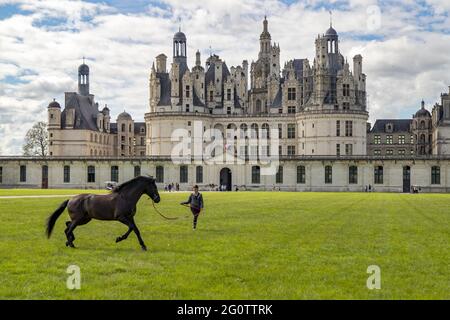 Chambord, France. 27th May, 2021. Chambord Castle, horse dressage, UNESCO World Heritage Site in the Loire Valley, France, Western Europe.