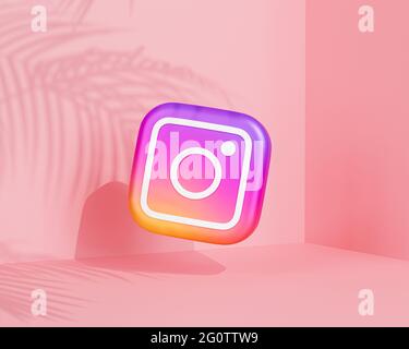 Melitopol, Ukraine - June 01 2021:  Instagram logo icon, photography social media app, pink background with tropical leaves shadows, 3d render Stock Photo