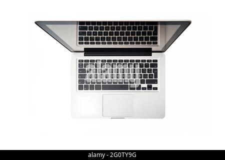View from above of a laptop on white background Stock Photo